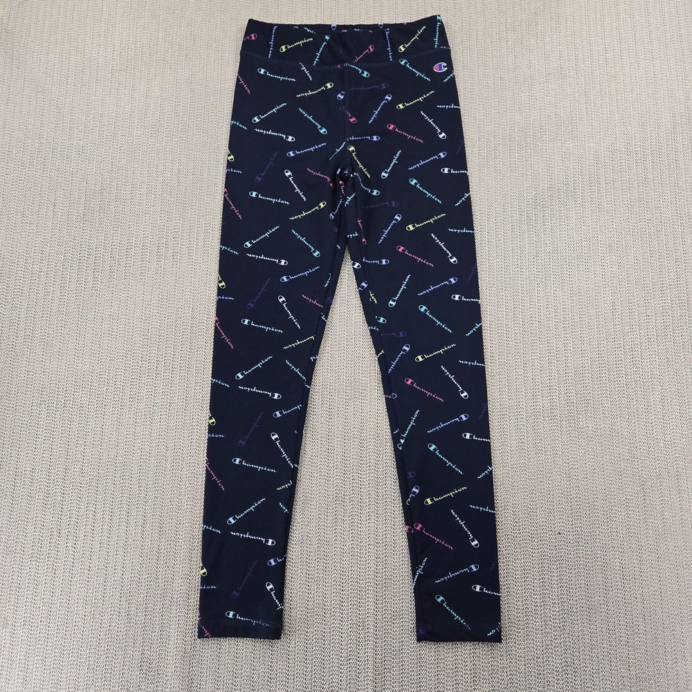 Champion Leggings Girls 10-12 Navy Multicolor Allover Logo Print Stretch Ankle